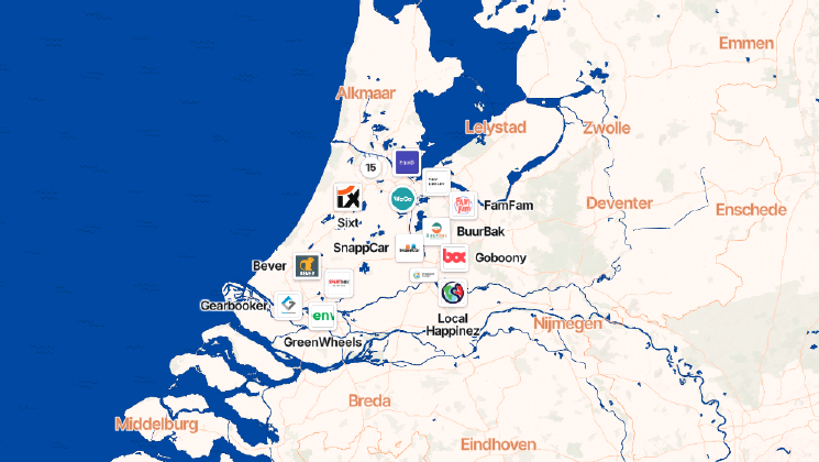 Map of the Netherlands showing different sharing and rental economy services